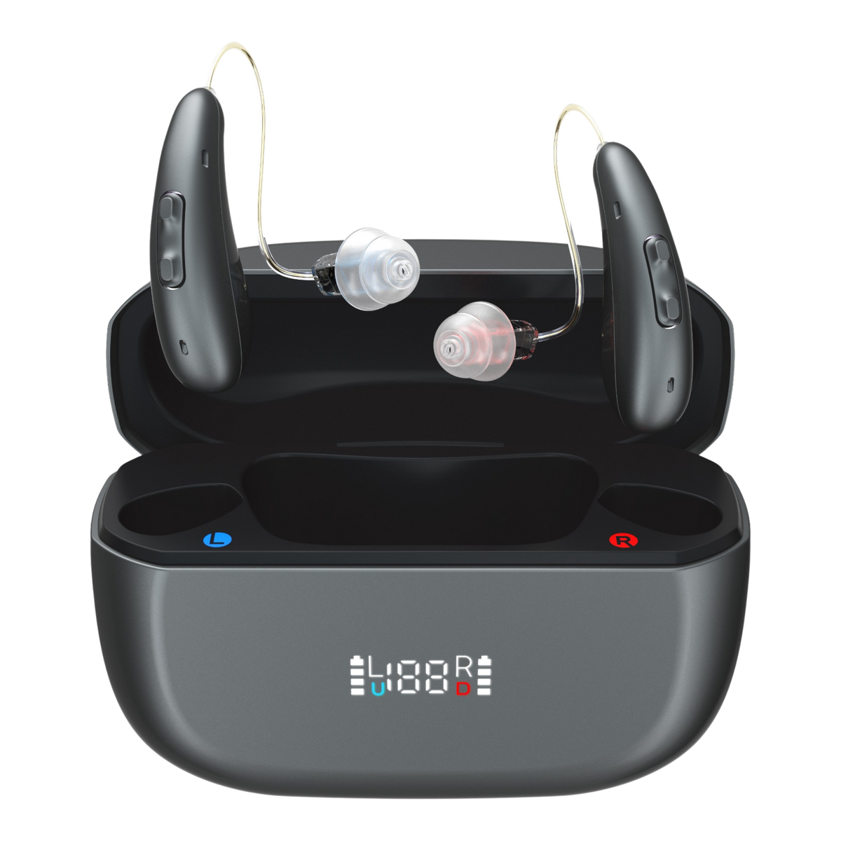 Eara Ascend Bluetooth Rechargeable hearing aids behind-the-ear floating above their open charging case, with two small in-ear tips visible. The hearing aids and case are dark gray to black, and the case front has a small digital display reading 4:88 with blue and red indicators.