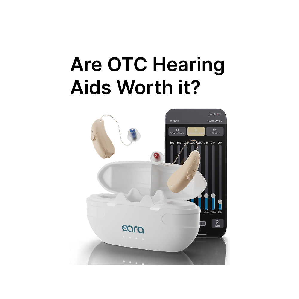 ARE OTC HEARING AIDS WORTH IT WRITTEN ON WHITE BACKGROUND WITH THE EXPLORE LI+ AND HA FIT APP VISIBLE IN THE FOREGROUND