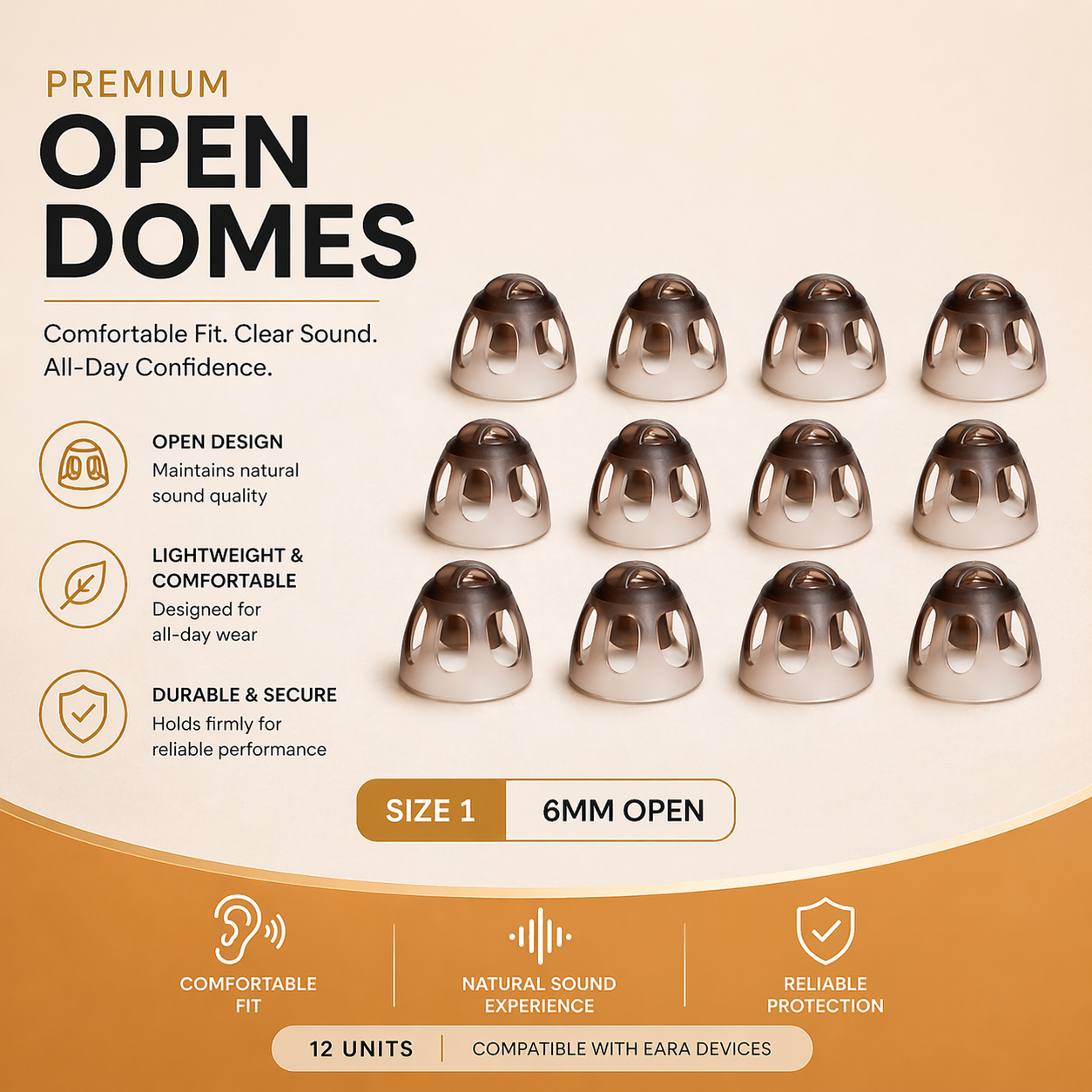 image of premium 6mm open domes with features and product details on a beige background.