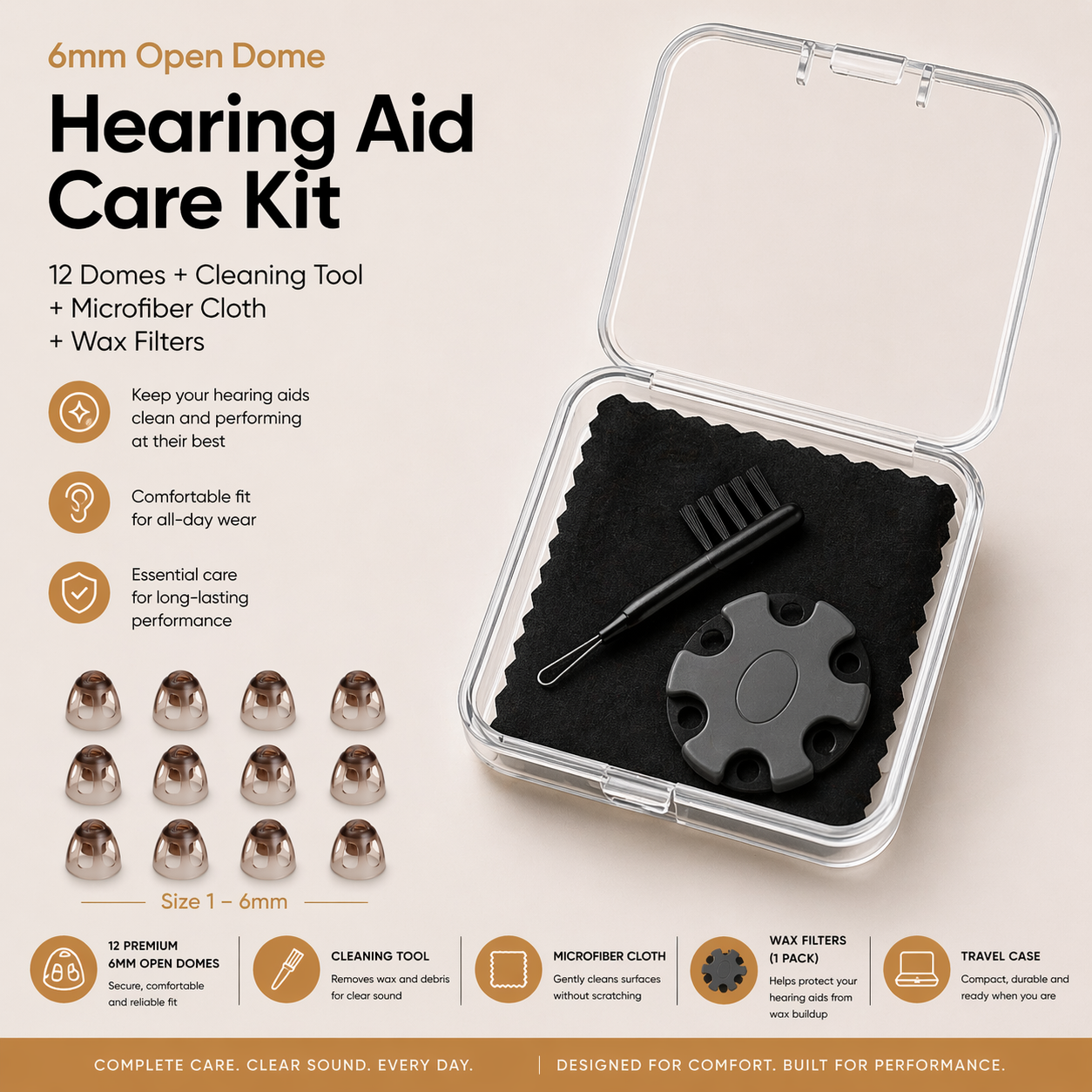 Eara 6mm open domes care kit includes domes, wax filter, cleaning brush and cleaning cloth with carry case
