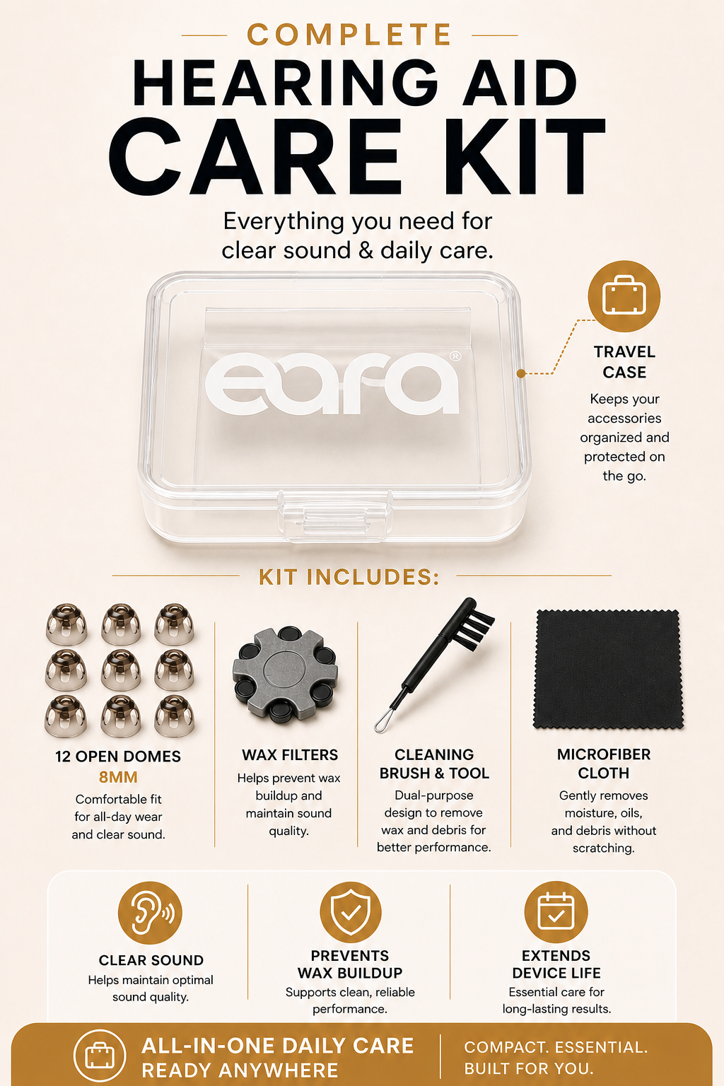 Eara 8mm open care kit with wax filters, cleaning brush, microfiber cloth