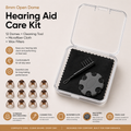8mm open Hearing aid care kit with wax filter, cleaning tool and microfiber brush with components on a beige background