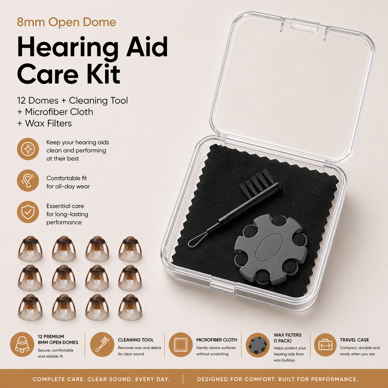 8mm open Hearing aid care kit with wax filter, cleaning tool and microfiber brush with components on a beige background
