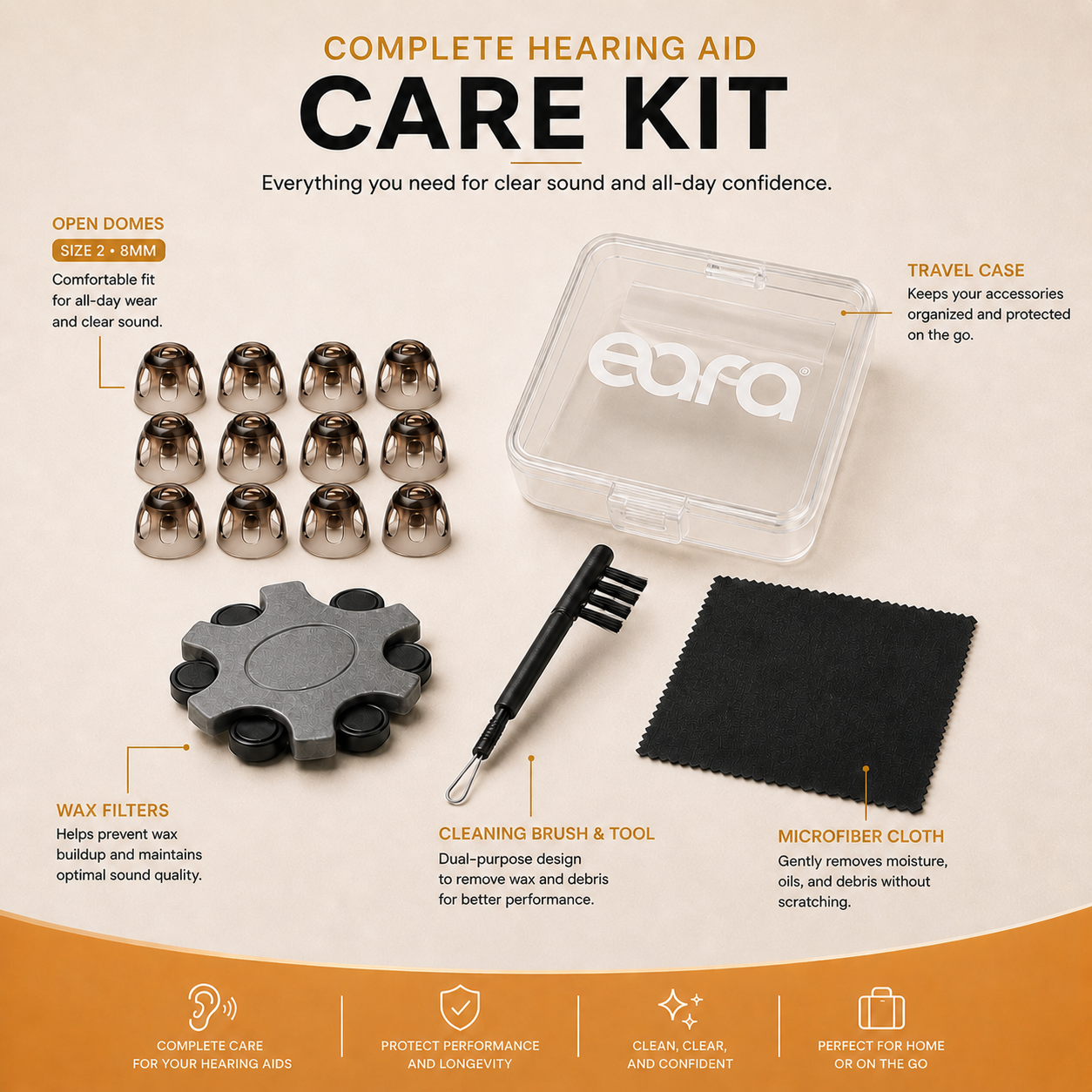 Eara complete 8mm open care kit with wax filters, travel case, cleaning brush and microfiber cloth 
