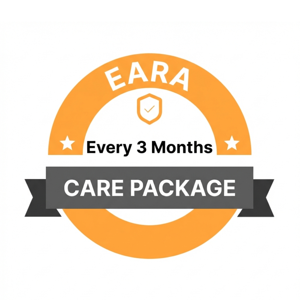 EARA care package logo with an orange circle and white text on a white background
