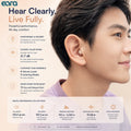 A promotional infographic for the Eara Elevate CIC Hearing aids, featuring a close-up of a man wearing the earbud on his ear, alongside text detailing product features, sound performance, and specifications.
