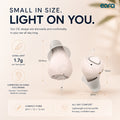A promotional infographic for Eara Elevate CIC hearing aids on a soft beige background. The image shows two views of a small white hearing aid with printed dimensions of 1.7g.