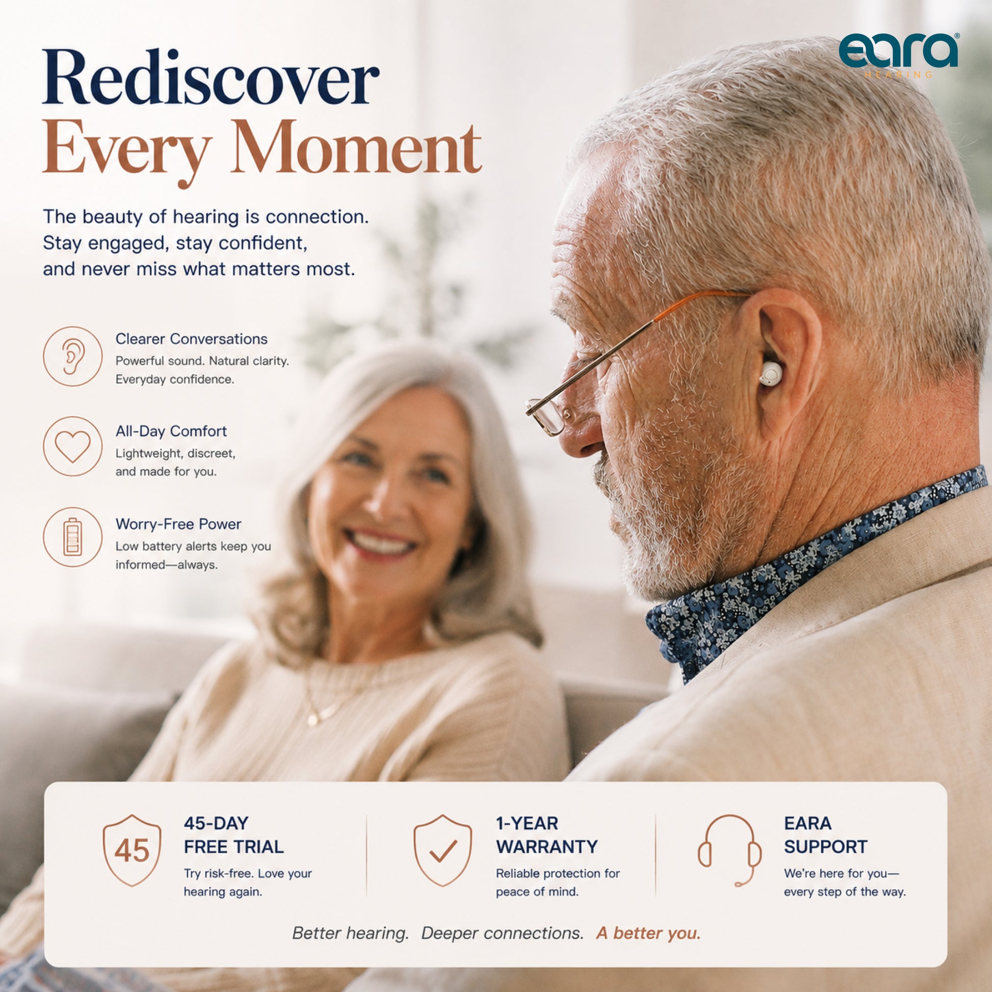 Promotional graphic for the Eara Elevate CIC Rechargeable Hearing aids, showing a close-up of a man wearing the small white in-ear device and a blurred woman in the background. The ad includes feature callouts like clearer conversations, all-day comfort, worry-free power, 45-day free trial, 1-year warranty, and eara support.
