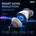 A smart noise-reduction Eara Elevate CIC Hearing aid shown in a stylized product graphic on a dark blue background, with text reading 'SMART NOISE REDUCTION,' a soundwave illustration, and feature icons for intelligent noise reduction, enhanced speech clarity, adaptive processing, and comfortable listening.