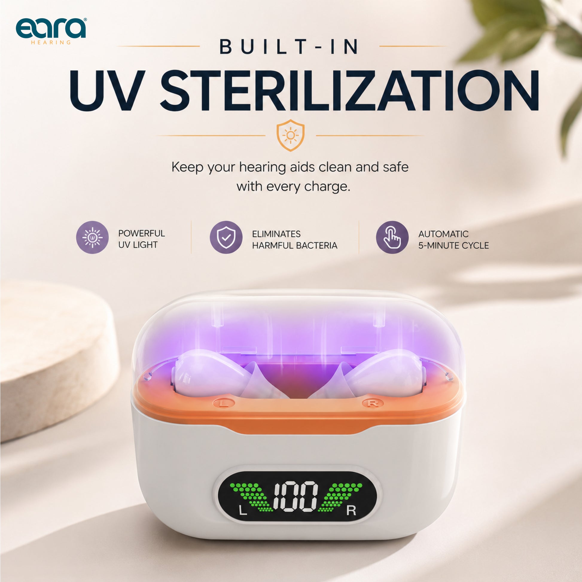 A white and orange Eara Elevate CIC Charger device with a digital display and a transparent lid emitting purple UV light, shown on a clean beige background with marketing text about UV sterilization.