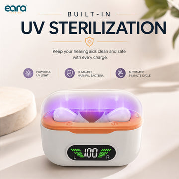 A white and orange Eara Elevate CIC Charger device with a digital display and a transparent lid emitting purple UV light, shown on a clean beige background with marketing text about UV sterilization.