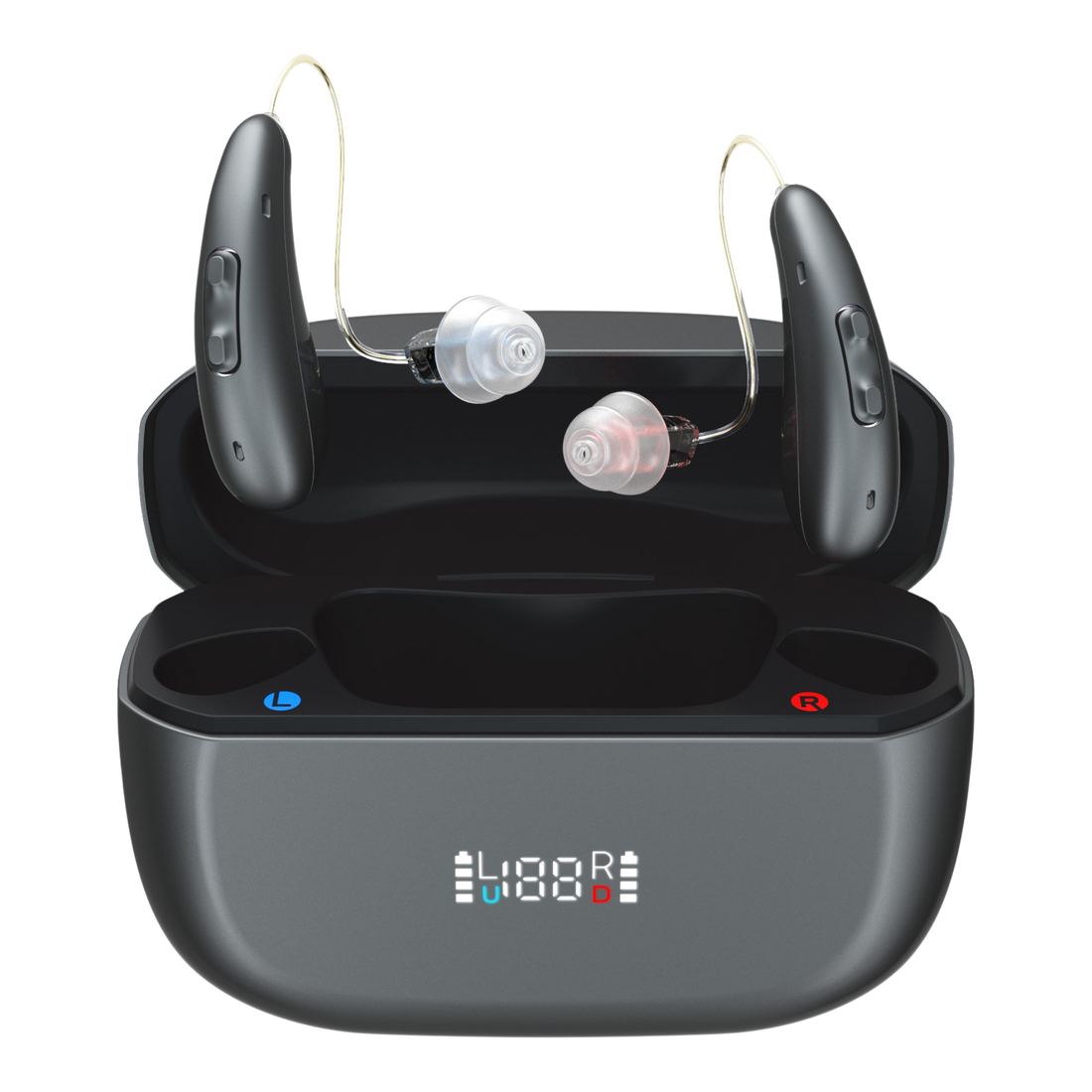 Eara Ascend Bluetooth Rechargeable hearing aids behind-the-ear floating above their open charging case, with two small in-ear tips visible. The hearing aids and case are dark gray to black, and the case front has a small digital display reading 4:88 with blue and red indicators.