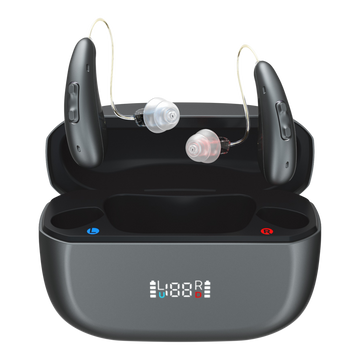 Eara Ascend Bluetooth Rechargeable hearing aids behind-the-ear floating above their open charging case, with two small in-ear tips visible. The hearing aids and case are dark gray to black, and the case front has a small digital display reading 4:88 with blue and red indicators.