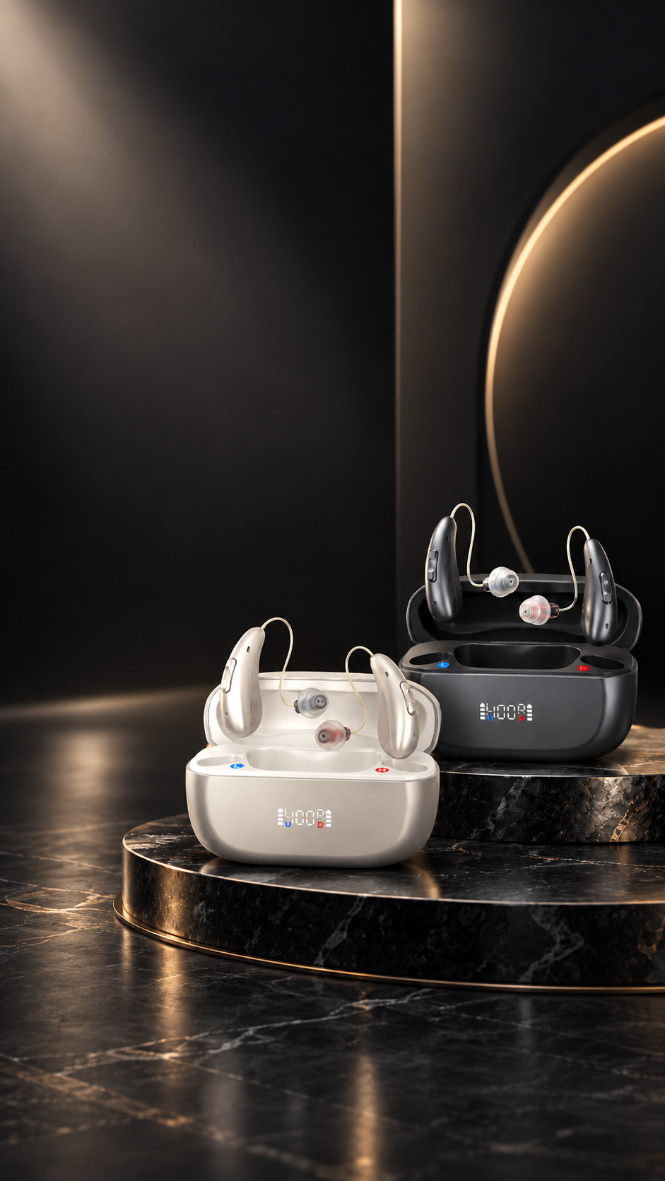Two pairs of Eara Ascend Premium Bluetooth Hearing Aids with their charging cases displayed on a dark marble pedestal. The foreground case is white with small blue and red accents, and the background case is black with small red and blue accents.slider_item_W4LWgU