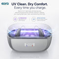 Eara Ascend Bluetooth Rechargeable hearing aids inside a charging case with glowing purple UV light effects, on a white background with marketing text and icons for UV sterilization and drying function.