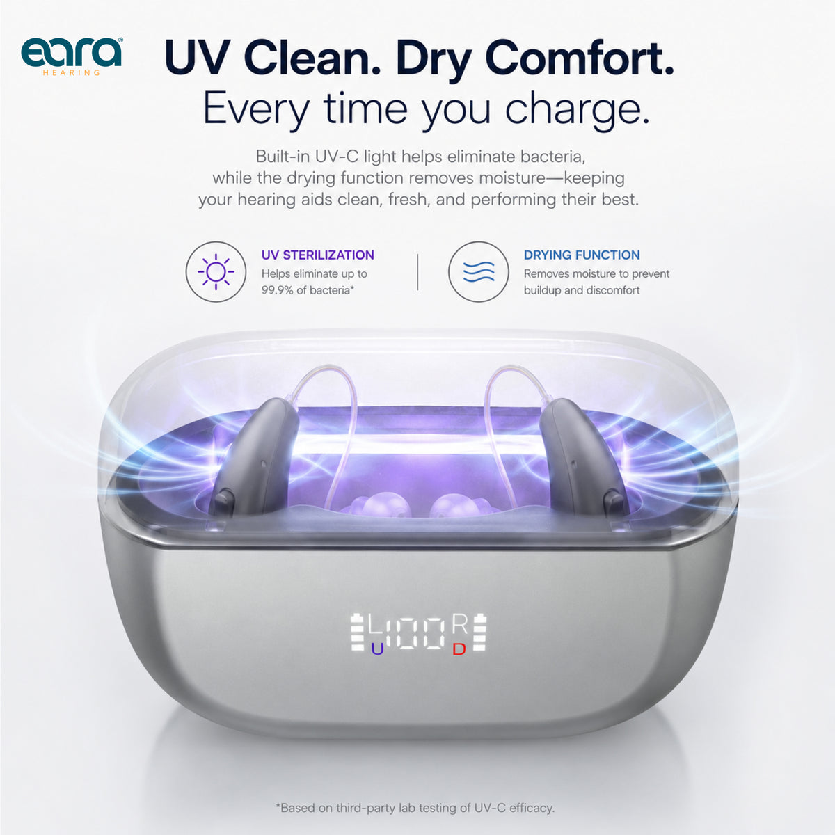 Eara Ascend Bluetooth Rechargeable hearing aids inside a charging case with glowing purple UV light effects, on a white background with marketing text and icons for UV sterilization and drying function.