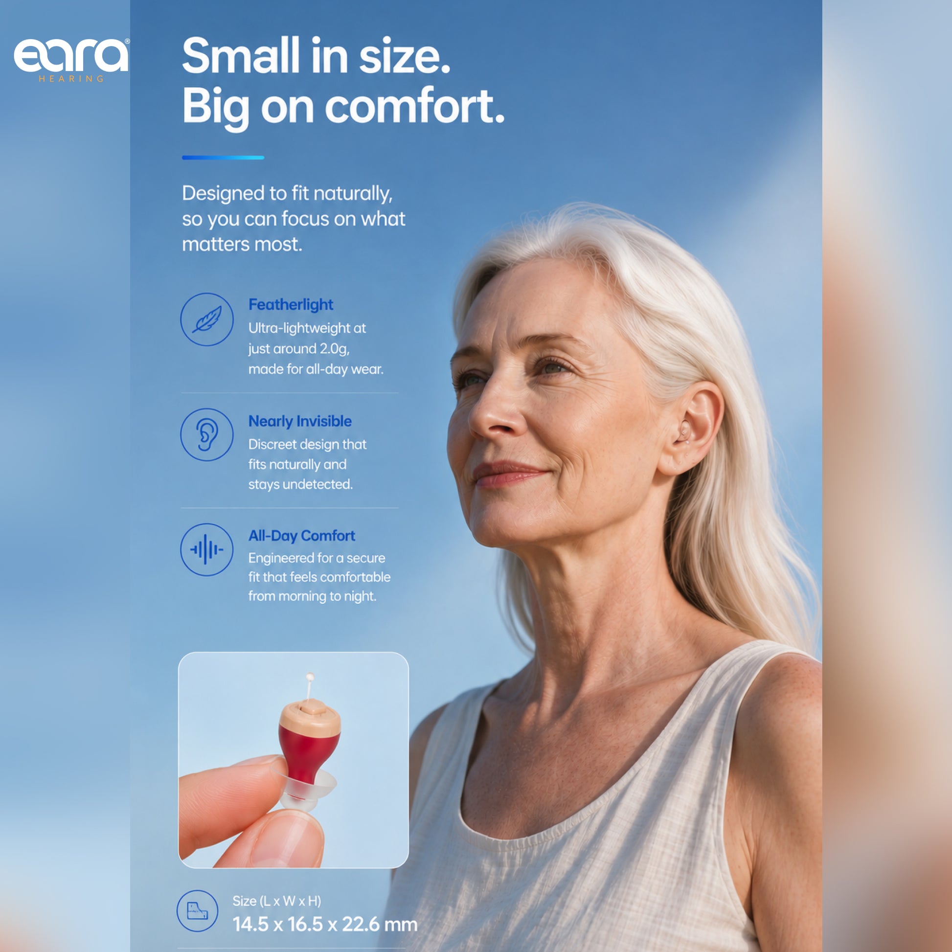 Woman wearing Eara Clear ITC Hearing aids, smiling. 