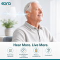 A man is sitting wearing Eara Clear ITC hearing Aids smiling and on the screen is information about extended battery life and comfortable in the ear fit. 