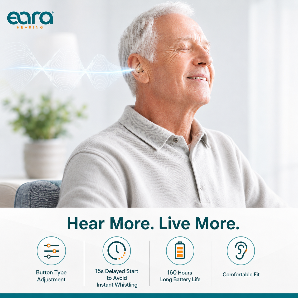A man is sitting wearing Eara Clear ITC hearing Aids smiling and on the screen is information about extended battery life and comfortable in the ear fit. 