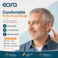 Display of many wearing Eara Clear Rechargable Hearing Aids with instructions demonstrating how to change volume and ease of use. 