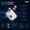 Infographic shows Eara Clear ITC Hearing aids as Right (red) and (left) blue and demonstrates features like fast charging and small design. 