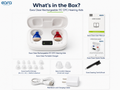 Image shows all the parts of the packaging for Eara Clear ITC Rechargeable hearing aids. The image includes the Eara clear itc hearing aids, the Eara Clear Charger, the user manual, the Quick Guide, The cleaning tool, Comfort domes and comfort sleeves, wall block and charging cable. 