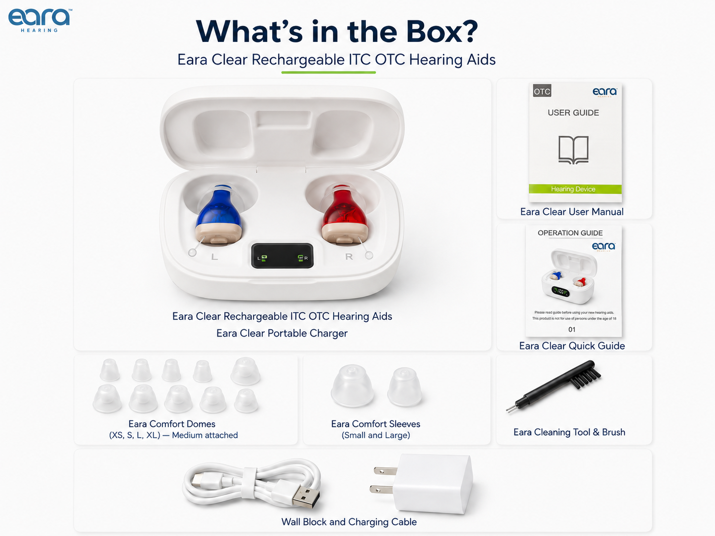 Image shows all the parts of the packaging for Eara Clear ITC Rechargeable hearing aids. The image includes the Eara clear itc hearing aids, the Eara Clear Charger, the user manual, the Quick Guide, The cleaning tool, Comfort domes and comfort sleeves, wall block and charging cable. 