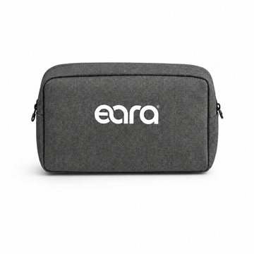 Gray pouch with 'eara' logo on a white background