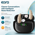 Eara Hearing Connect RIC Rechargeable hearing aids with a black charging case, shown on a light blue and white graphic background with marketing text about clearer conversations and intelligent noise reduction.