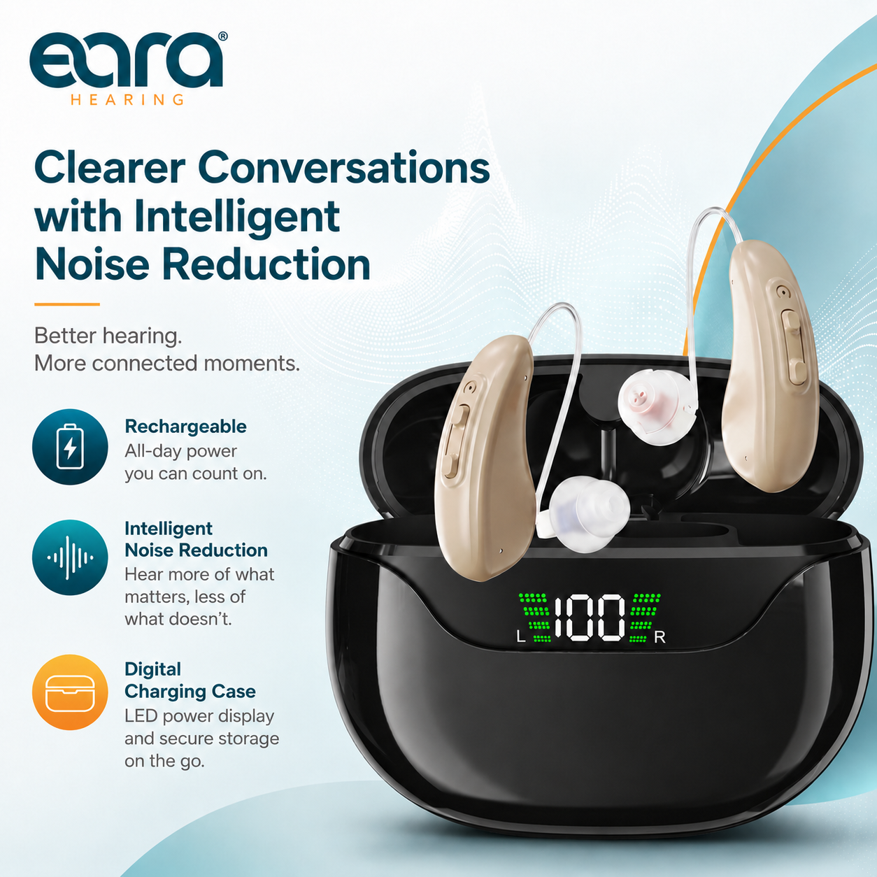 Eara Hearing Connect RIC Rechargeable hearing aids with a black charging case, shown on a light blue and white graphic background with marketing text about clearer conversations and intelligent noise reduction.