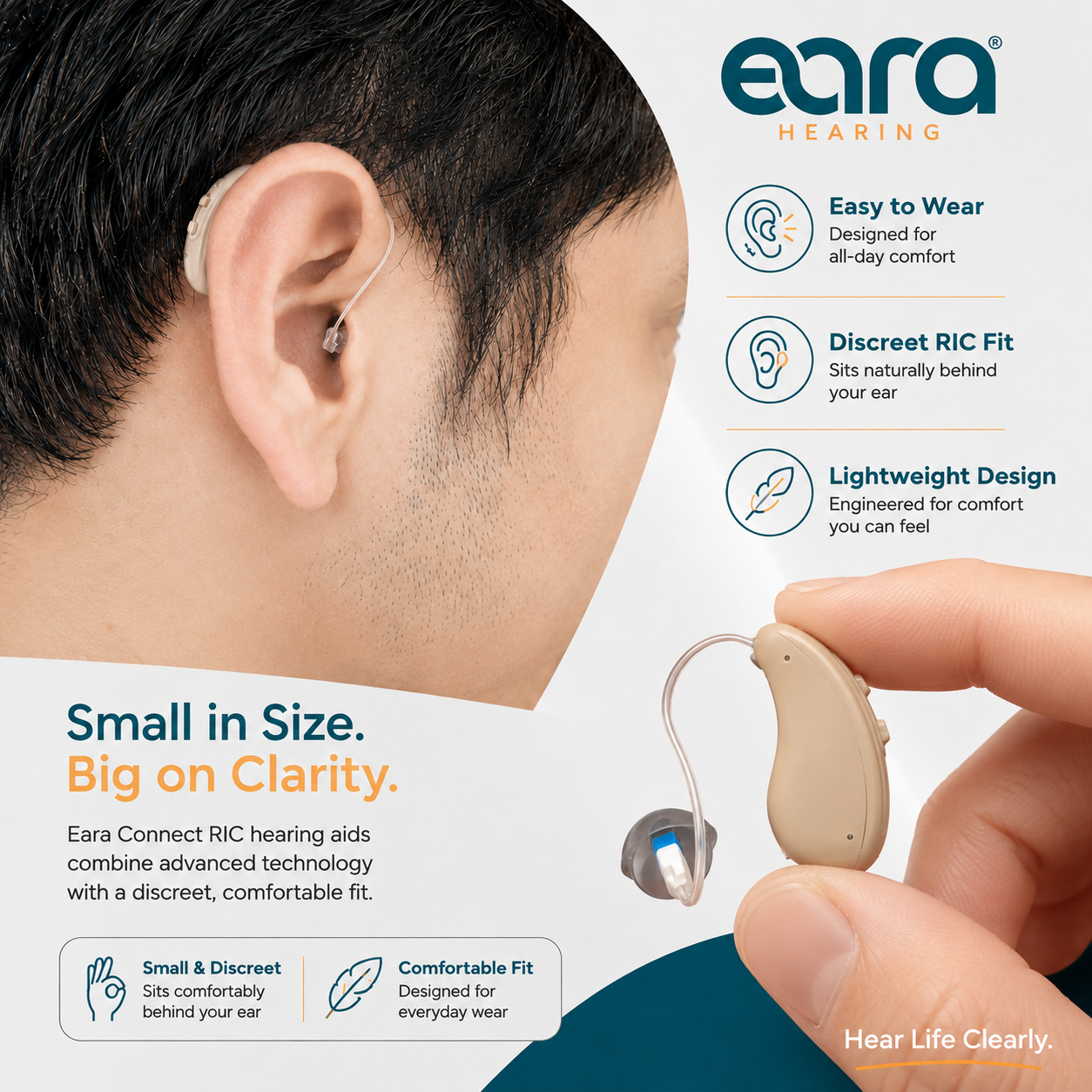 A close-up of a person's ear wearing the discreet Eara Connect RIC behind-the-ear hearing aids, alongside a hand holding the small beige receiver unit. The image includes the Eara Hearing brand logo and marketing text highlighting easy wear, discreet RIC fit, and lightweight design.