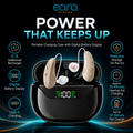 A pair of Eara Connect RIC Rechargeable behind-the-ear hearing aids displayed above their black charging case on a dark promotional background with glowing blue light effects. Large text reads 'POWER THAT KEEPS UP' and the brand 'eara HEARING' appears at the top.