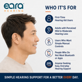 Promotional graphic for Eara Hearing featuring a smiling man in profile on the left and a list of target user groups on the right, including first-time hearing aid users, adults with mild to moderate hearing loss, and those who prefer simple manual controls. The Eara Hearing logo appears at the top left, and a slogan at the bottom reads 'Simple hearing support for a better every day.