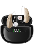 Eara Connect rechargeable RIC OTC hearing aids with black charging case and digital battery display