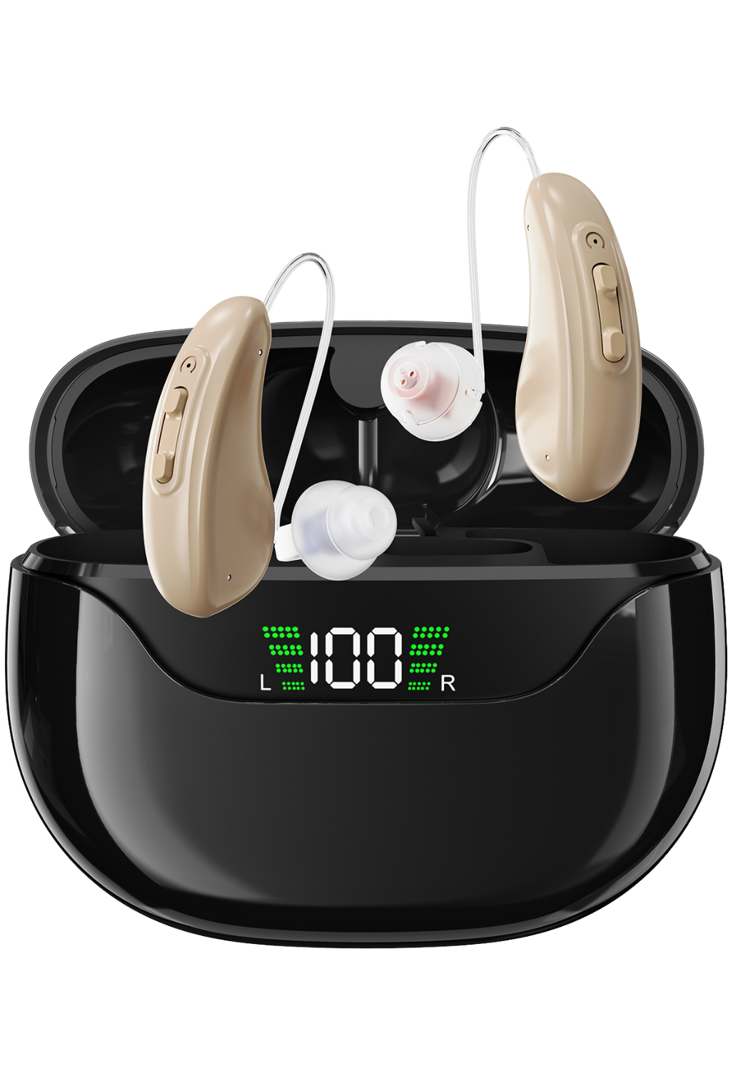 Eara Connect rechargeable RIC OTC hearing aids with black charging case and digital battery display