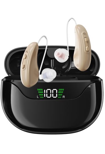 Eara Connect rechargeable RIC OTC hearing aids with black charging case and digital battery display