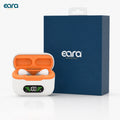 Eara Elevate CIC Hearing Aids in an open white and orange charging case with a digital battery display, shown next to its dark blue retail box on a clean white background.