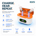 White and orange Eara Elevate CIC hearing aids in a charging case with a digital battery display, shown on a white background with feature callouts and the earbuds floating above the case. The brand name 'eara hearing' is visible in the top right.