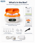 Eara Elevate Rechargeable CIC OTC Hearing Aids product box contents on a white background, including the open charging case with white and orange, multiple ear tips, a wall block and charging cable, a cleaning tool, and user/manual guides.