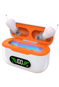 Eara Elevate CIC Hearing aids in charging case with glowing light for UV sanitization. 