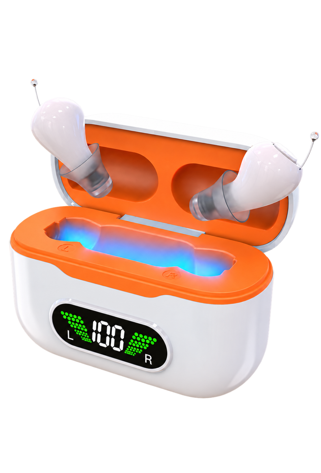 Eara Elevate CIC Hearing aids in charging case with glowing light for UV sanitization. 