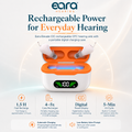 Eara Hearing Elevate CIC rechargeable OTC hearing aids in an open orange-and-white charging case with a digital battery display, shown on a clean white background with feature callouts and the Eara Hearing branding.
