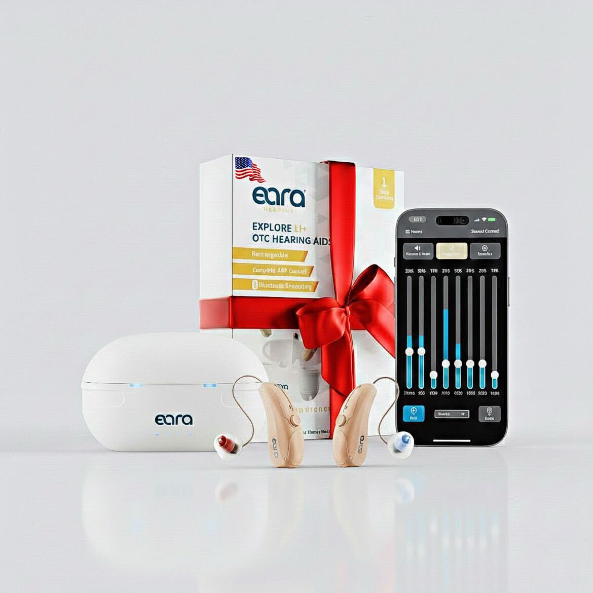 Eara hearing aid with packaging, earbuds, and smartphone app on a light gray background