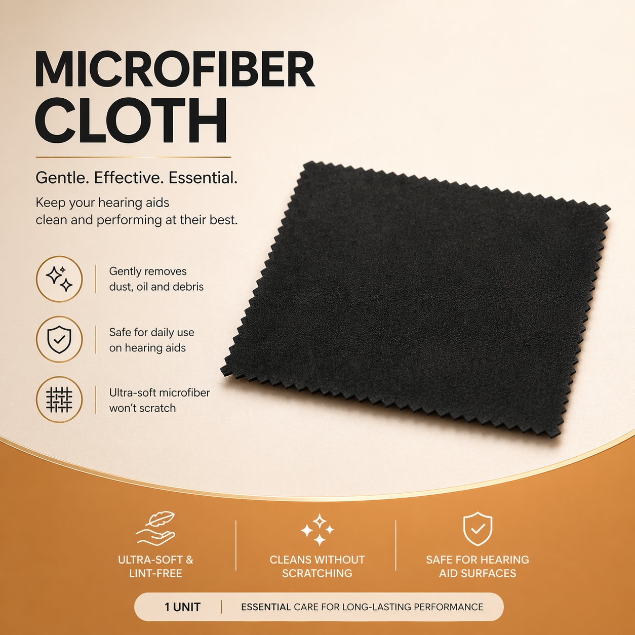 Eara hearing Black microfiber cloth with features on a beige background