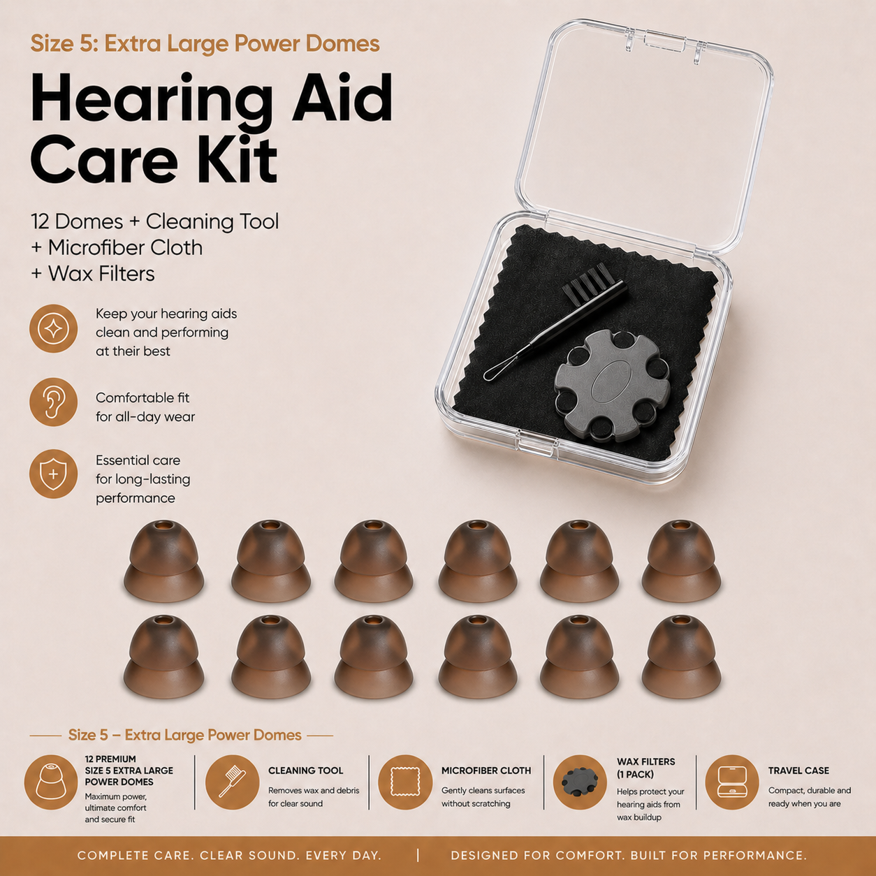 Eara Size 5 Extra Large power domes with cleaning tool, wax filters and storage case