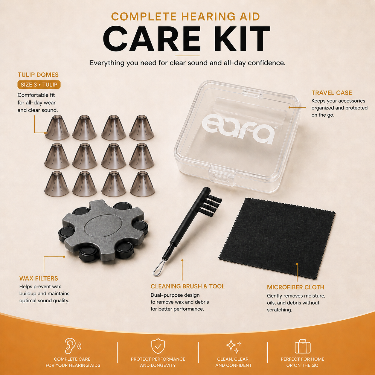 Eara complete tulip care kit complete with domes, case, cleaning tool, microfiber cloth