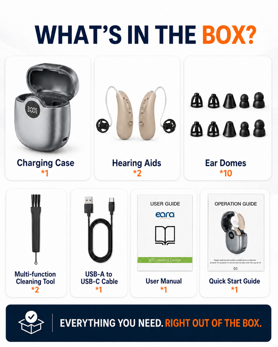 Eara Essential OTC Hearing aids with charger, domes, cleaning tool, user manual and quick start guide.slider_item_tQpF44