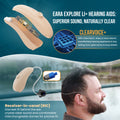 image of infographics of explore li bluetooth hearing aids being worn on  man, RIC style hearing aids
