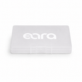 Clear plastic container with 'eara' branding on a white background