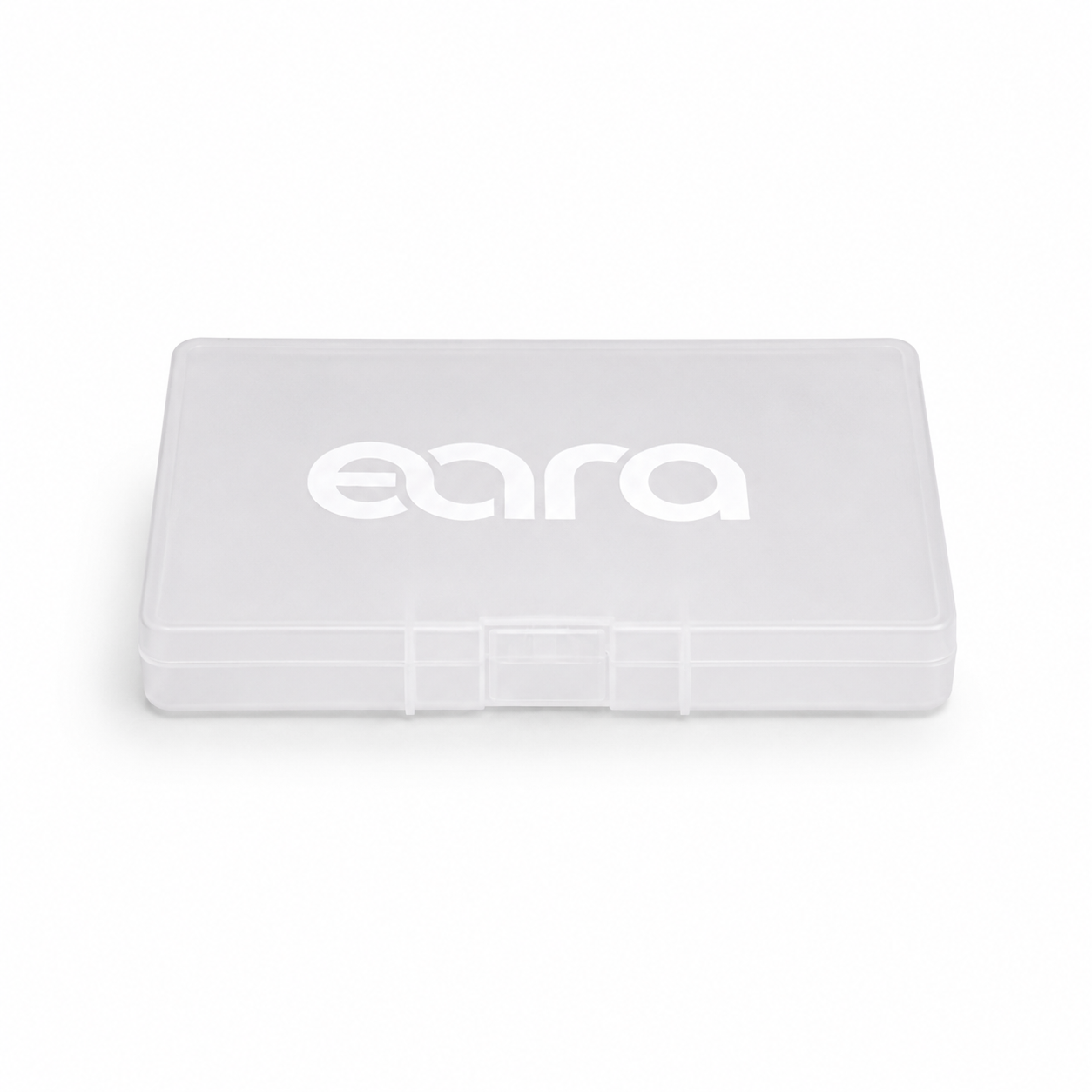 Clear plastic container with 'eara' branding on a white background